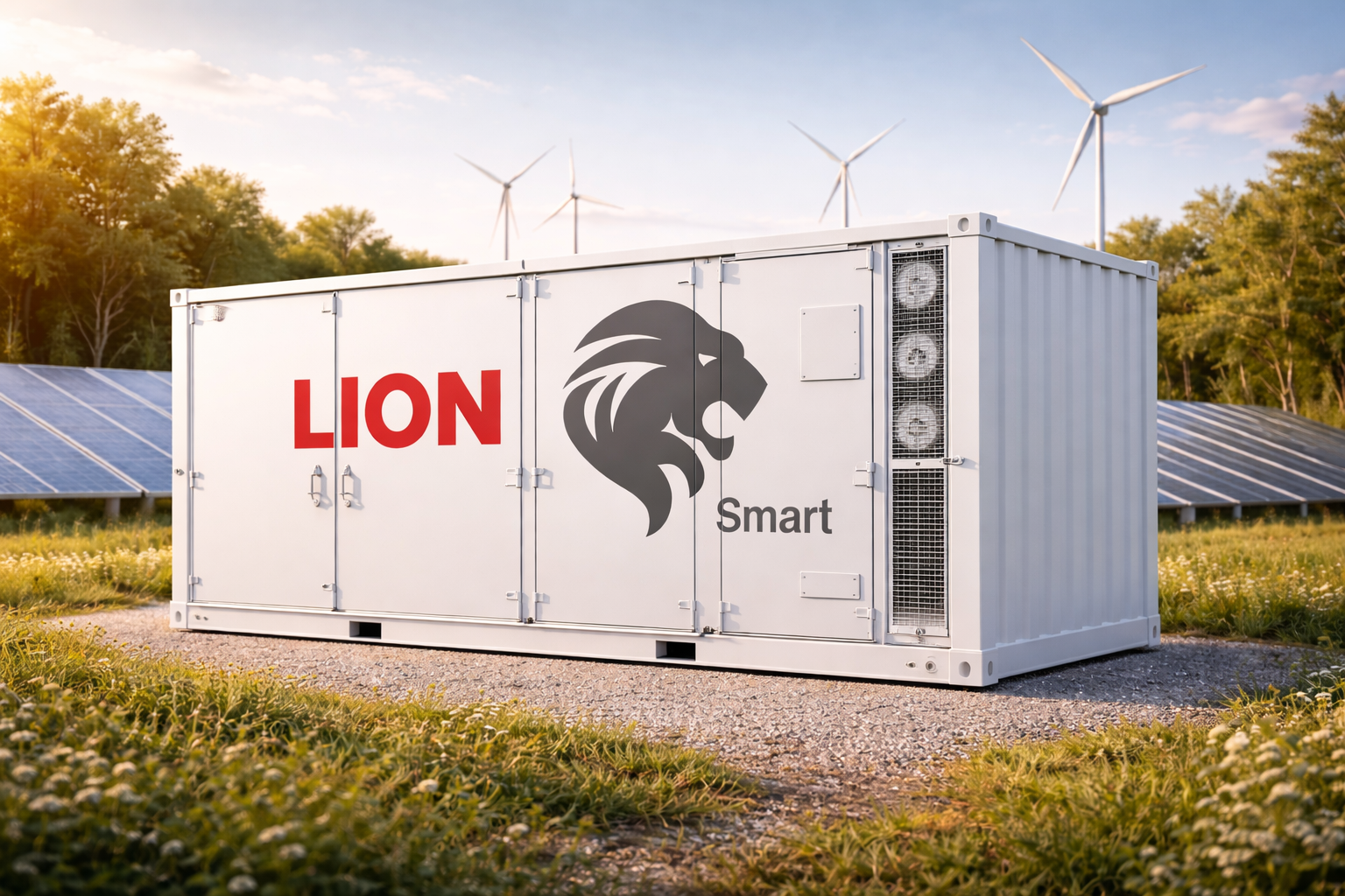 LION Smart Batteriespeicher-Container neben einem Solarpark